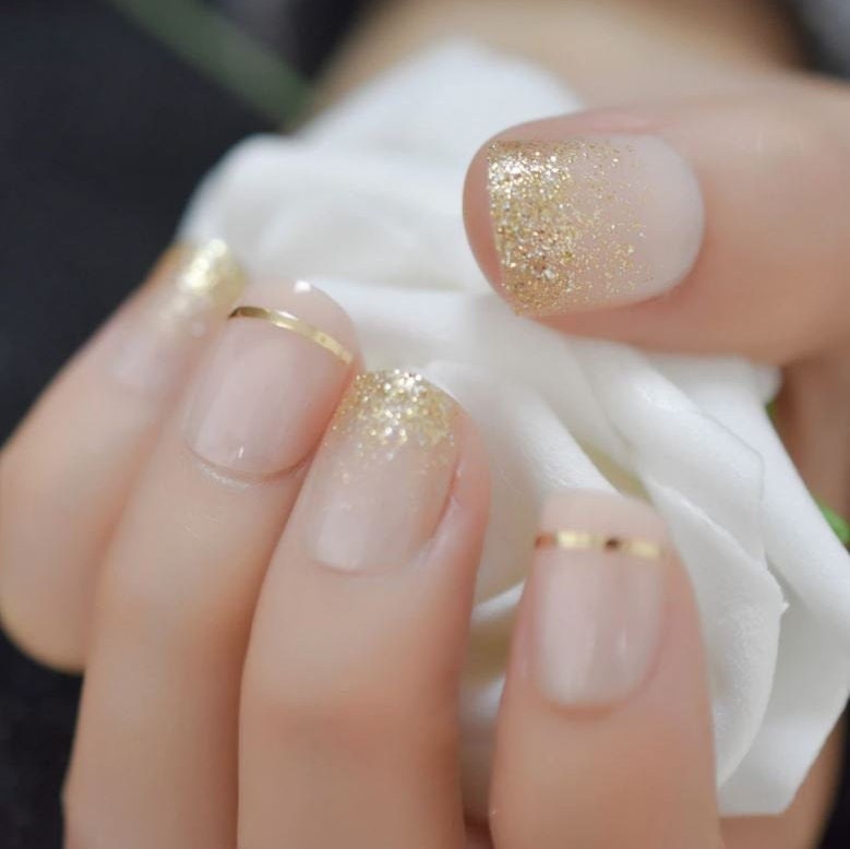 Press on Nails Short | Gold Glitter Nude Press on Nail Short / Fake Nails / False Nails / Glue On Nails / Ombre Nails / Short Press on Nails