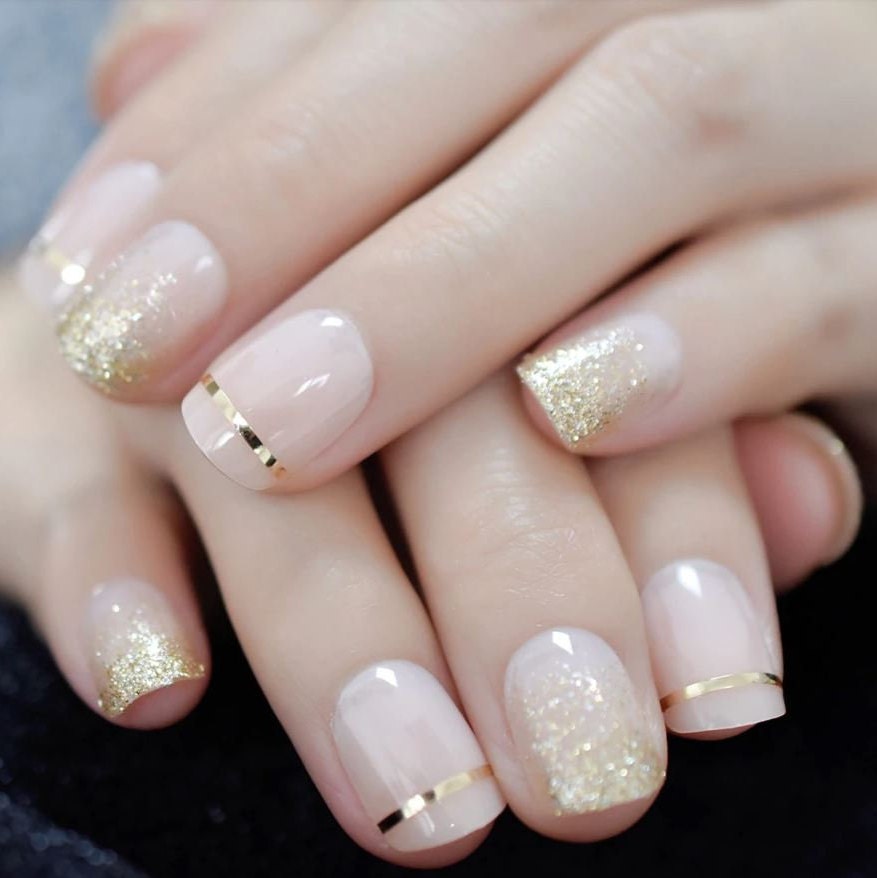 Press on Nails Short | Gold Glitter Nude Press on Nail Short / Fake Nails / False Nails / Glue On Nails / Ombre Nails / Short Press on Nails