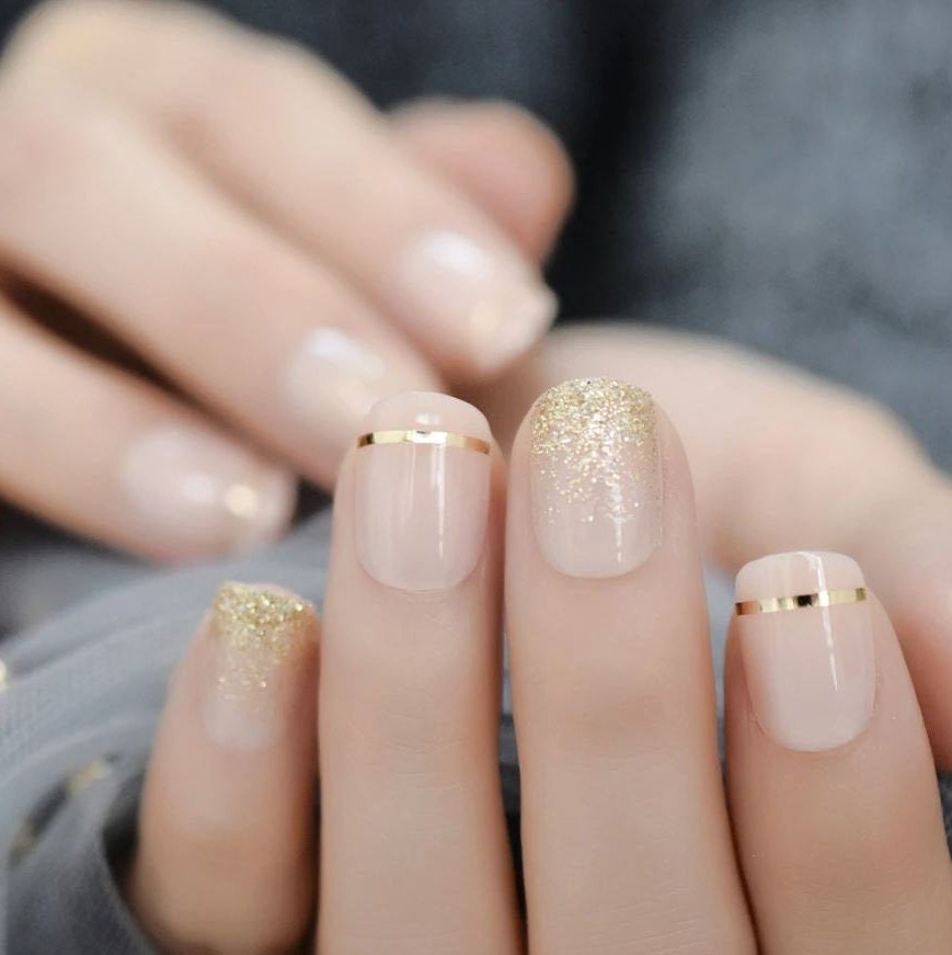 Press on Nails Short | Gold Glitter Nude Press on Nail Short / Fake Nails / False Nails / Glue On Nails / Ombre Nails / Short Press on Nails