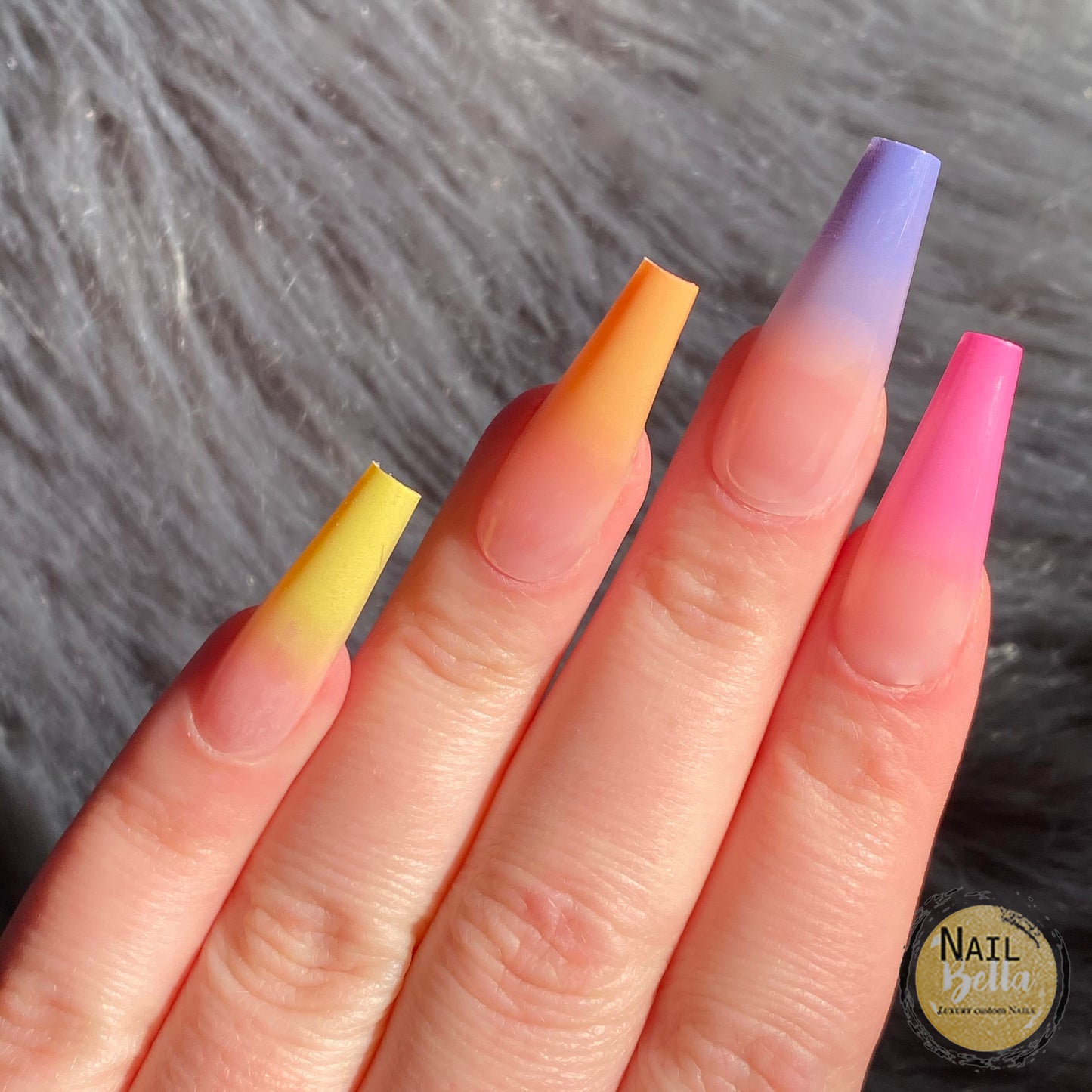 Long Coffin Press On Nails Colorful Ombre Ready to Ship 20 Piece Fake Nail Set