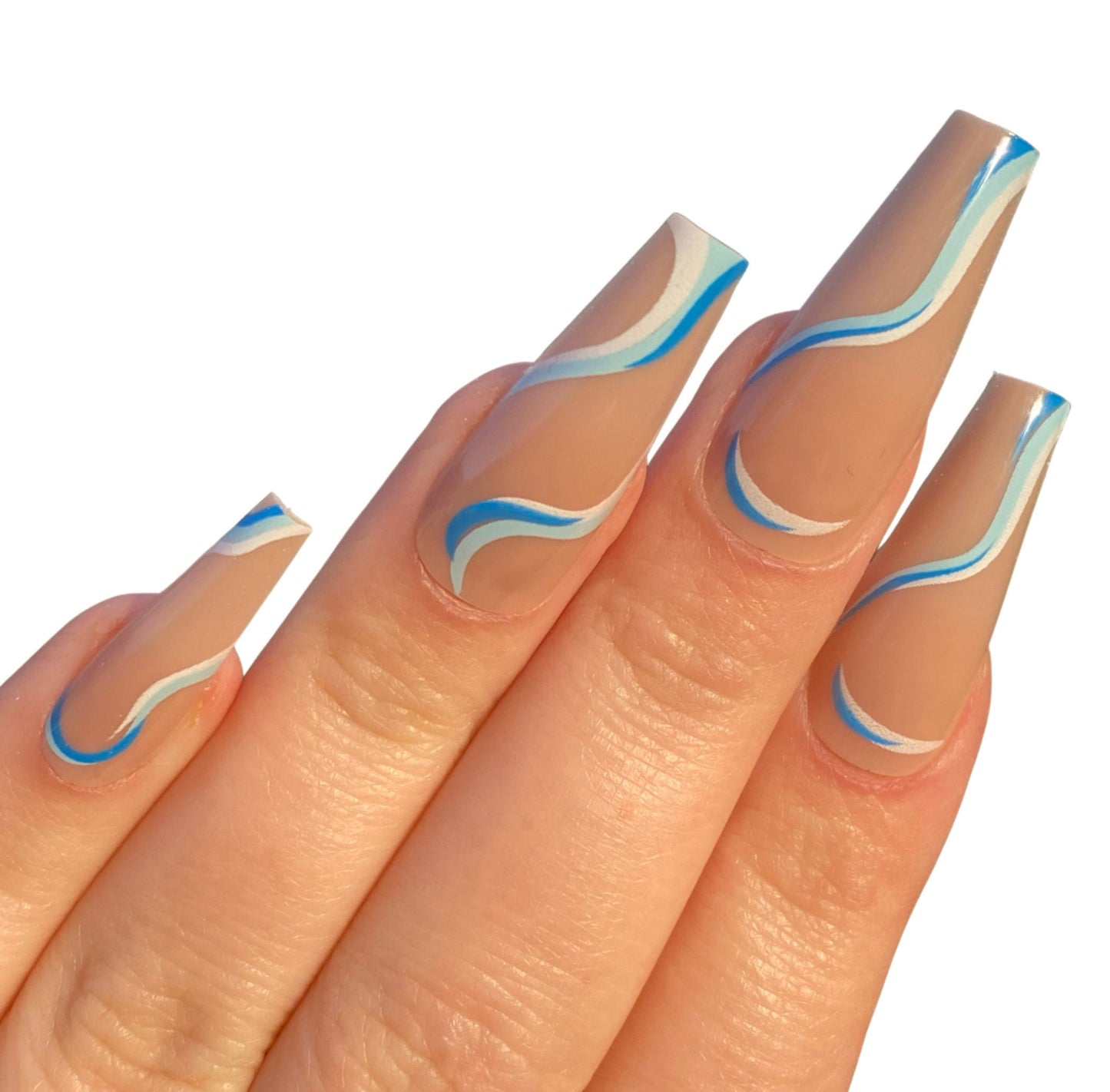 Long Coffin Nails | Blue Swirl Design Nails | Fake Nails | False Nails | Glue On Nails | Ready to Ship Nails | Long Press on Nails