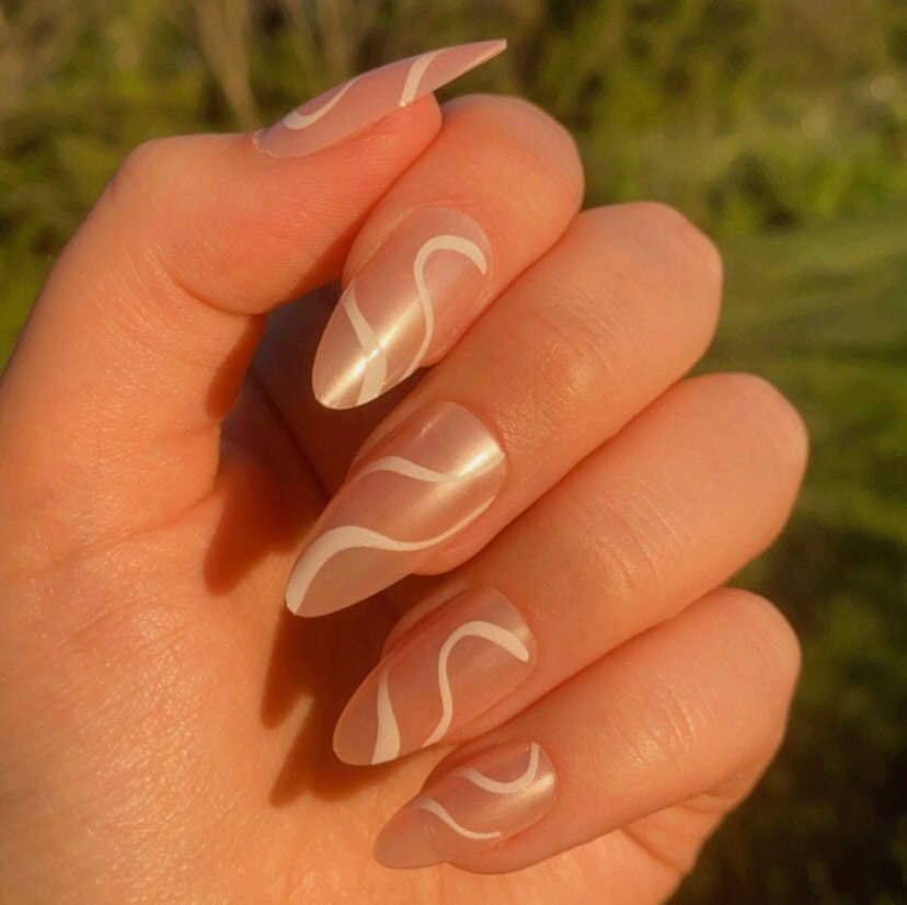 Short Round Almond Press on Nail | Pink Swirl Fake Nails | False Nails | Glue On Nails | Swirly Nails | Short Press on Nails