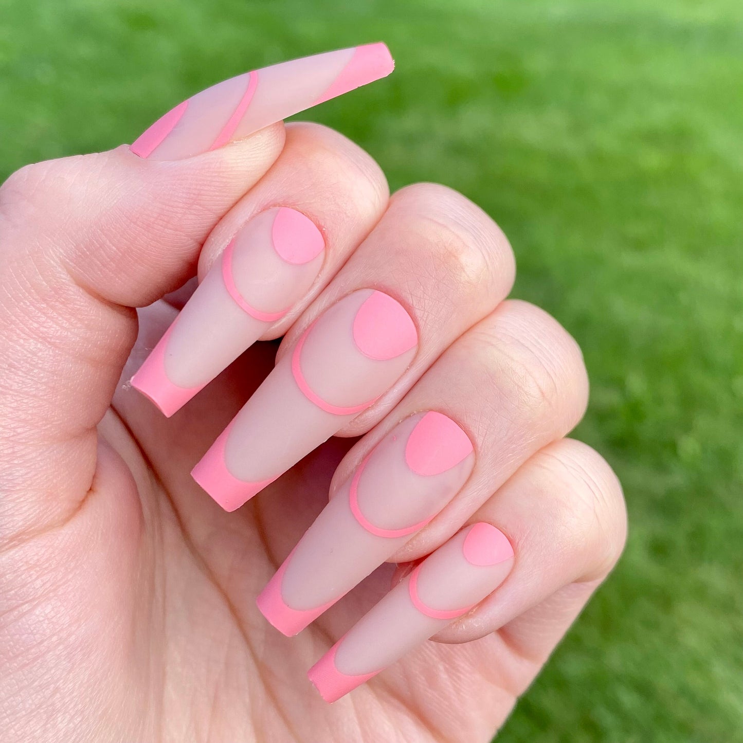 Pink French Tip Coffin Nails | Press on Nail | Fake Nails | False Nails | Stick On Nails | Glue On Nails | Ready to Ship | Nail Designs