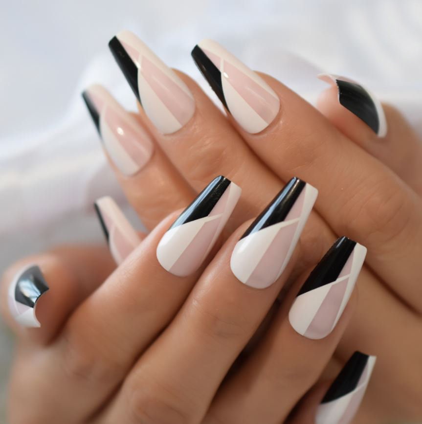 Coffin Nails | Black and White Nails Coffin | Coffin Nails with Design | Fake Nails | Press On Nails | Stick On Nails | Glue On Nails