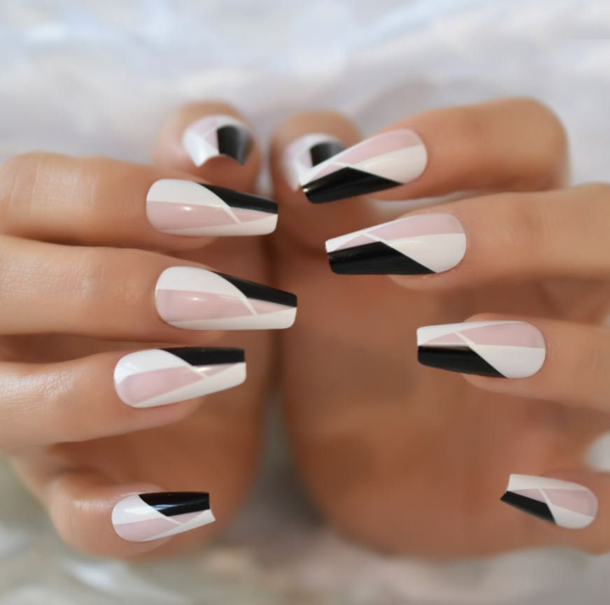 Coffin Nails | Black and White Nails Coffin | Coffin Nails with Design | Fake Nails | Press On Nails | Stick On Nails | Glue On Nails