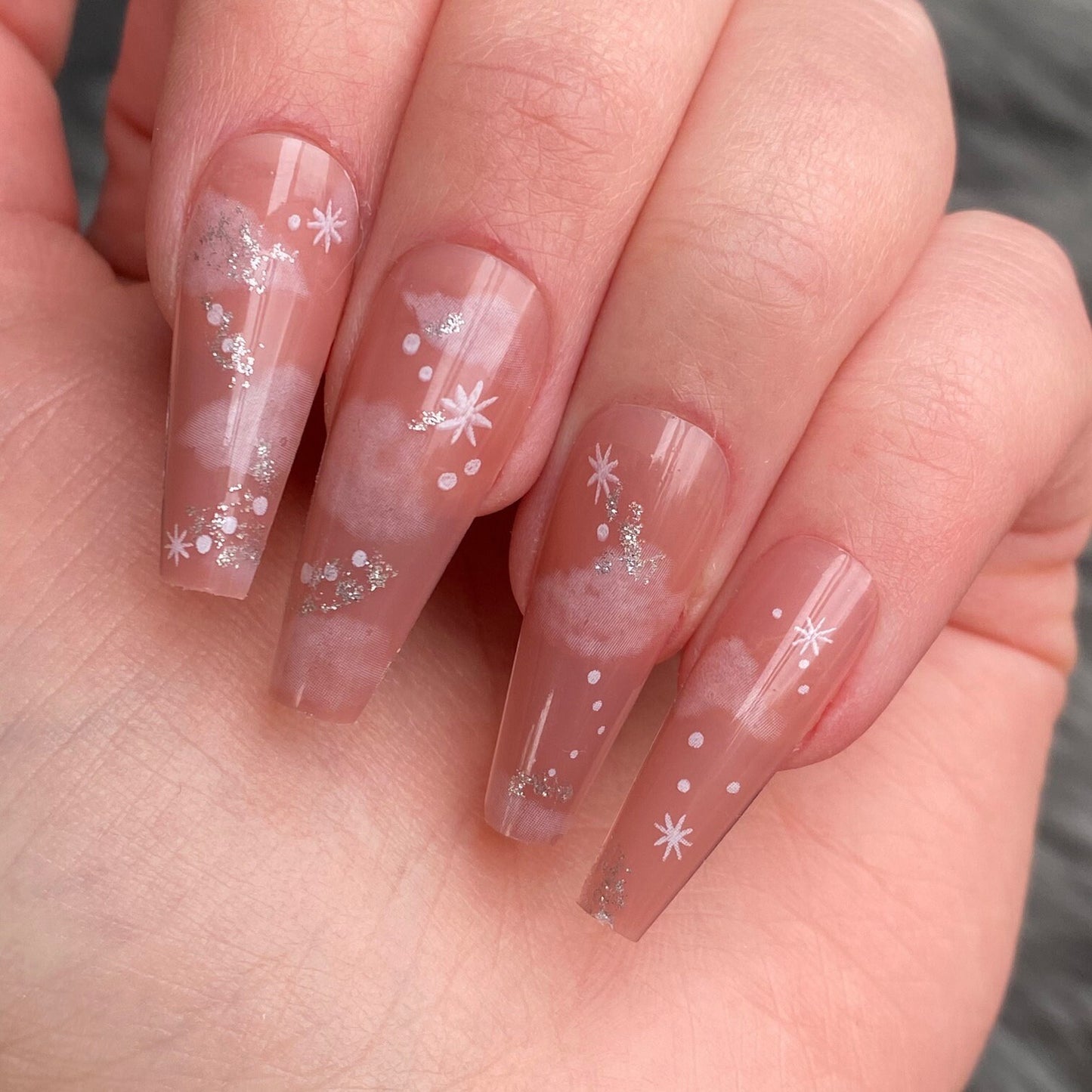 Nude Long Coffin Cloud Press on Nails | Long Coffin Press on nails | 20 Piece Nail Set | Fake False Nails Comes with Nail Glue Ready To Ship