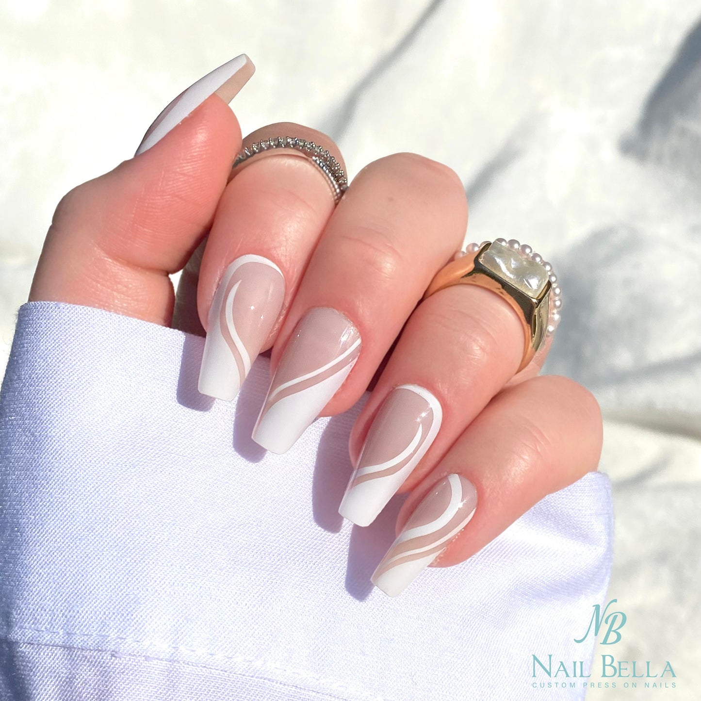 Swirl Design Press on Nails | Long Coffin Press on Nails | White Swirl Design Fake Nails | False Nails | Glue On Nails | White Nails