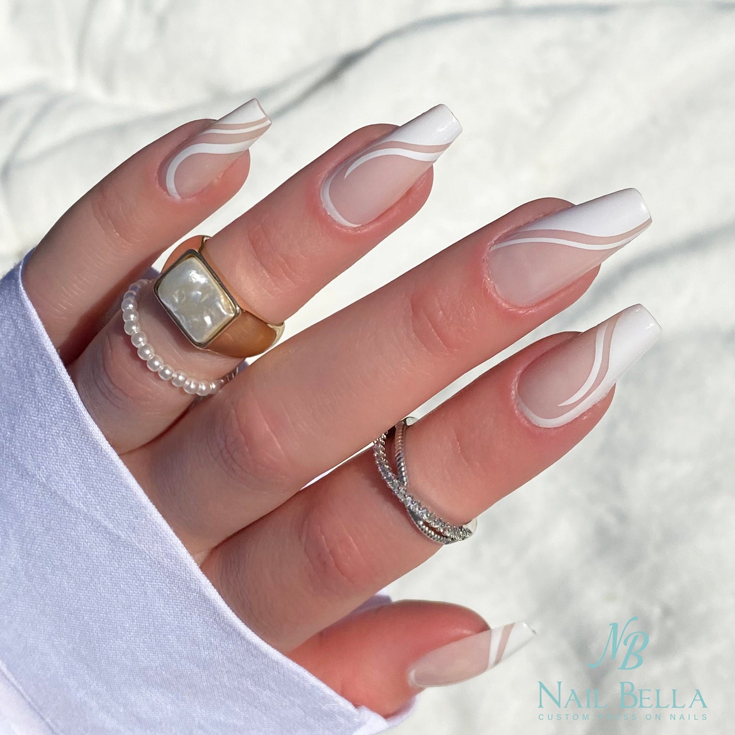 Swirl Design Press on Nails | Long Coffin Press on Nails | White Swirl Design Fake Nails | False Nails | Glue On Nails | White Nails