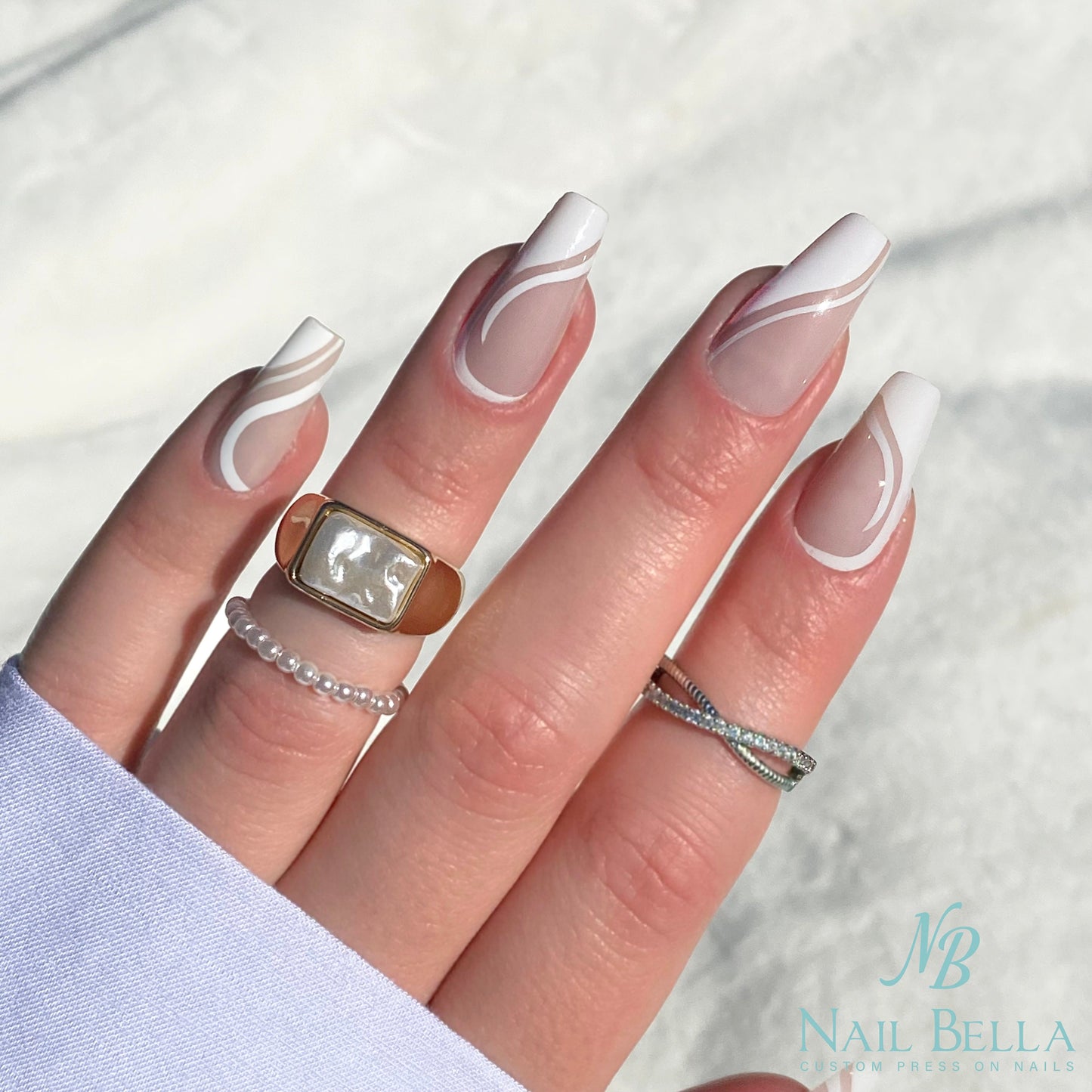 Swirl Design Press on Nails | Long Coffin Press on Nails | White Swirl Design Fake Nails | False Nails | Glue On Nails | White Nails