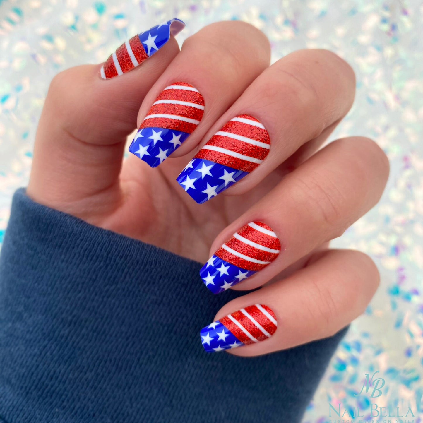 July Fourth Press on Nails | American Flag Press on Nails | Red white and Blue Fake Nails | False Nails | Glue On Nails | Flag Nails