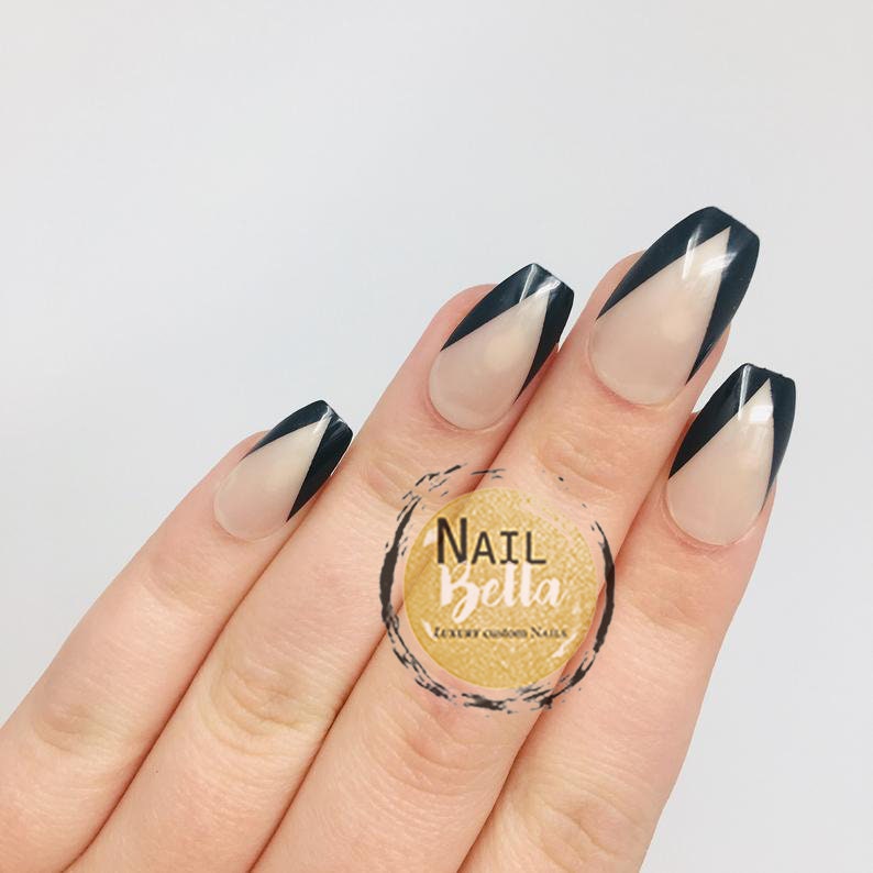 Black Short Coffin V-Shape French Tip Press on Nail Set / Fake Nails / False Nails / Glue On Nails / Ready to Ship / No Sizing Necessary