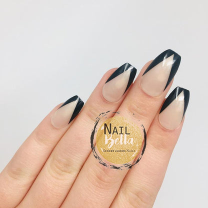 Black Short Coffin V-Shape French Tip Press on Nail Set / Fake Nails / False Nails / Glue On Nails / Ready to Ship / No Sizing Necessary
