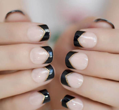 Short Press on Nails | Black French Tip Nails | Short Nails | Glue on | Black and Gold French Tip | Short Square 24 Pc Set Fake Nails