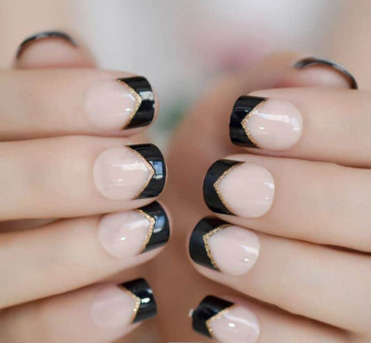 Short Press on Nails | Black French Tip Nails | Short Nails | Glue on | Black and Gold French Tip | Short Square 24 Pc Set Fake Nails