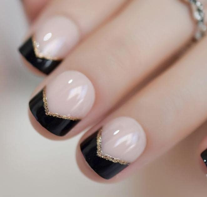 Short Press on Nails | Black French Tip Nails | Short Nails | Glue on | Black and Gold French Tip | Short Square 24 Pc Set Fake Nails