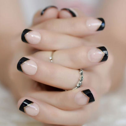 Short Press on Nails | Black French Tip Nails | Short Nails | Glue on | Black and Gold French Tip | Short Square 24 Pc Set Fake Nails