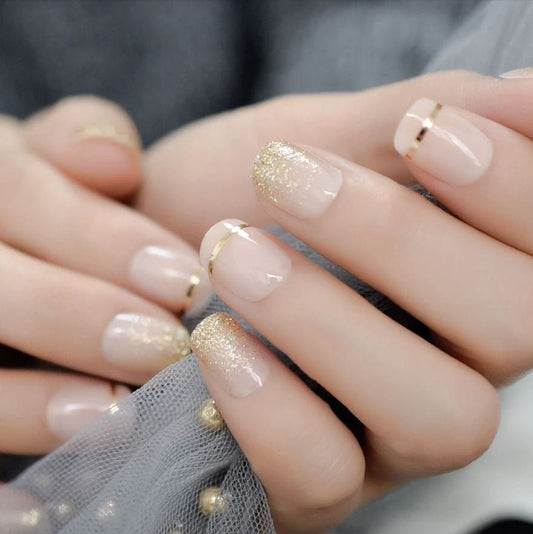 Press on Nails Short | Gold Glitter Nude Press on Nail Short / Fake Nails / False Nails / Glue On Nails / Ombre Nails / Short Press on Nails