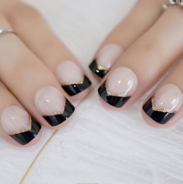 Short Press on Nails | Black French Tip Nails | Short Nails | Glue on | Black and Gold French Tip | Short Square 24 Pc Set Fake Nails