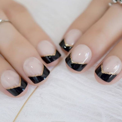Short Press on Nails | Black French Tip Nails | Short Nails | Glue on | Black and Gold French Tip | Short Square 24 Pc Set Fake Nails