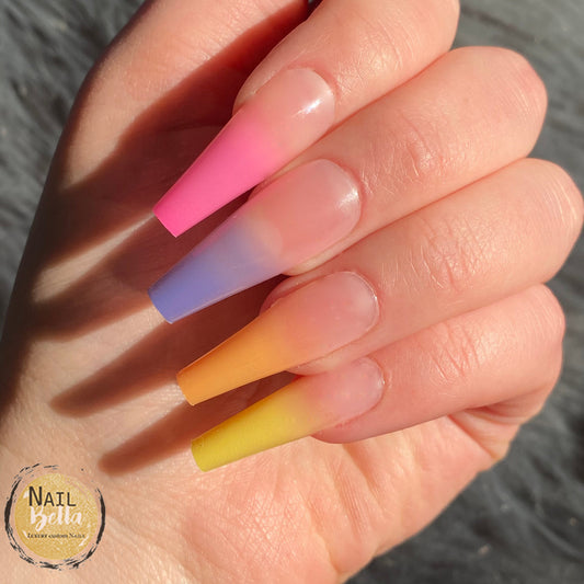 Long Coffin Press On Nails Colorful Ombre Ready to Ship 20 Piece Fake Nail Set