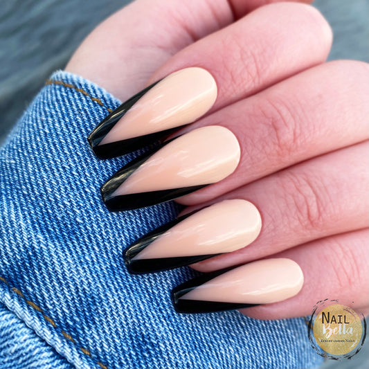 Black V Shape French Tip Long Coffin 24 Press on Nails False Nails Fake Nails Long Ballerina black French tip Glue On Kit - Ready To Ship