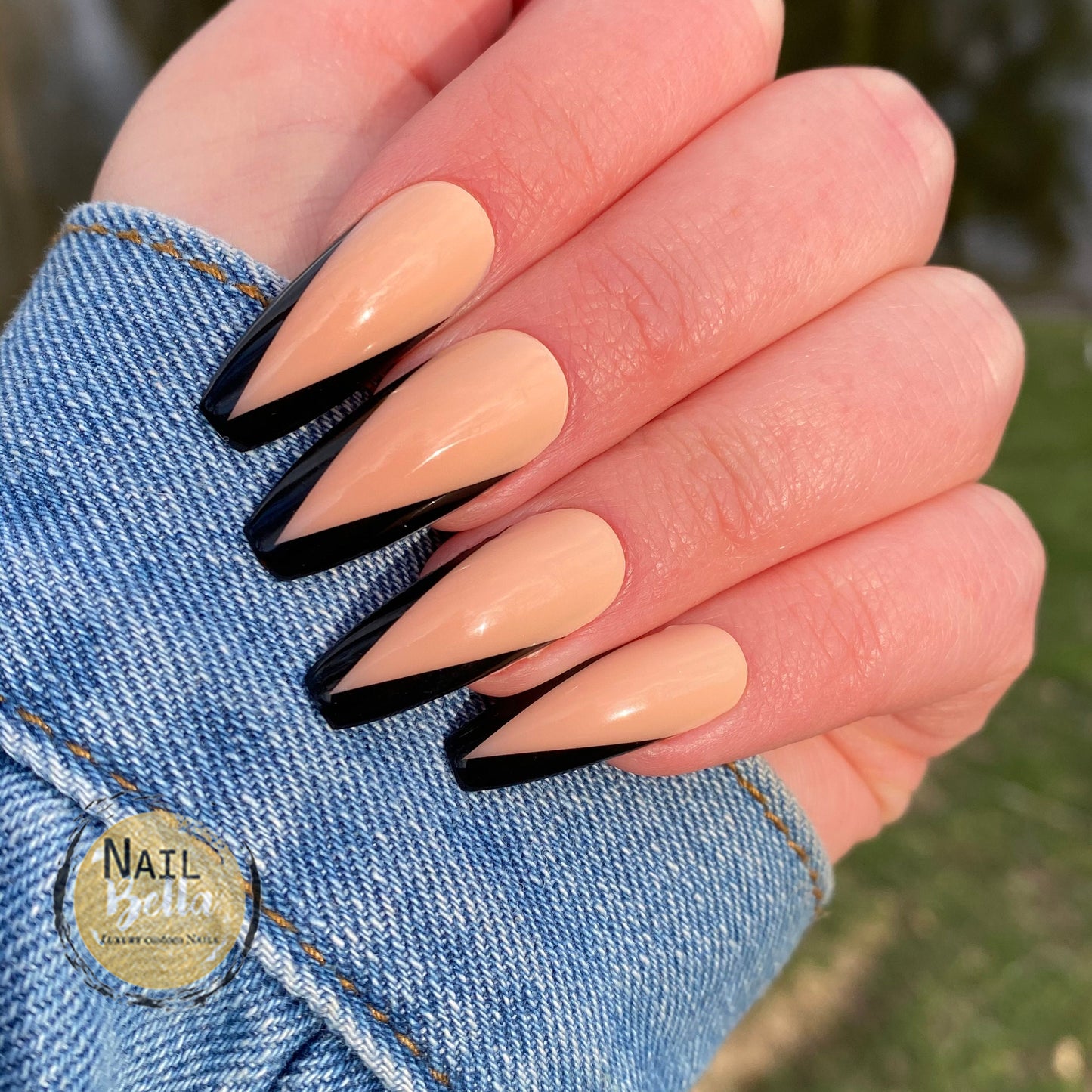 Black V Shape French Tip Long Coffin 24 Press on Nails False Nails Fake Nails Long Ballerina black French tip Glue On Kit - Ready To Ship