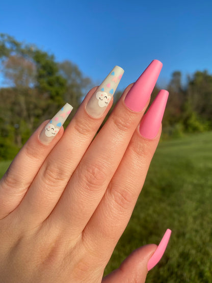Pink Press on nails | Cloud False Nails | Kawaii Fake Nails | Long Coffin Press on Nails | Fake Nails | False Nails | Glue On Nails