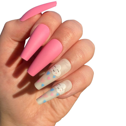 Pink Press on nails | Cloud False Nails | Kawaii Fake Nails | Long Coffin Press on Nails | Fake Nails | False Nails | Glue On Nails