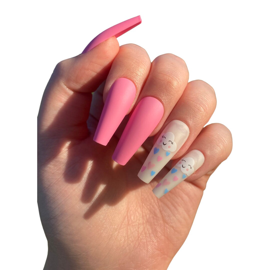 Pink Press on nails | Cloud False Nails | Kawaii Fake Nails | Long Coffin Press on Nails | Fake Nails | False Nails | Glue On Nails