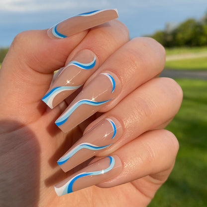 Long Coffin Nails | Blue Swirl Design Nails | Fake Nails | False Nails | Glue On Nails | Ready to Ship Nails | Long Press on Nails