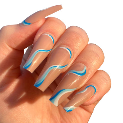 Long Coffin Nails | Blue Swirl Design Nails | Fake Nails | False Nails | Glue On Nails | Ready to Ship Nails | Long Press on Nails