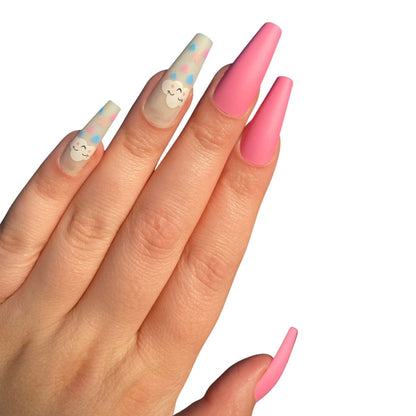 Pink Press on nails | Cloud False Nails | Kawaii Fake Nails | Long Coffin Press on Nails | Fake Nails | False Nails | Glue On Nails