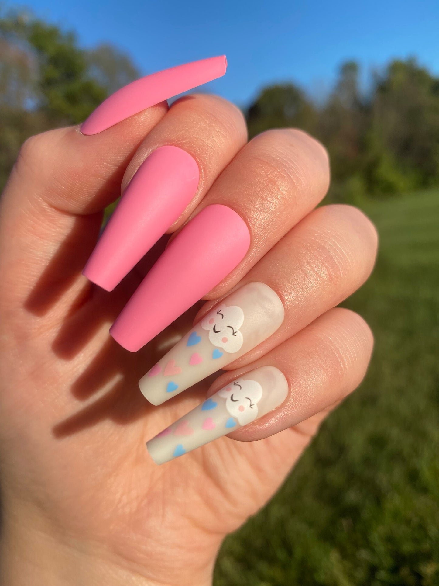 Pink Press on nails | Cloud False Nails | Kawaii Fake Nails | Long Coffin Press on Nails | Fake Nails | False Nails | Glue On Nails