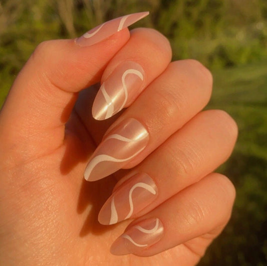 Short Round Almond Press on Nail | Pink Swirl Fake Nails | False Nails | Glue On Nails | Swirly Nails | Short Press on Nails