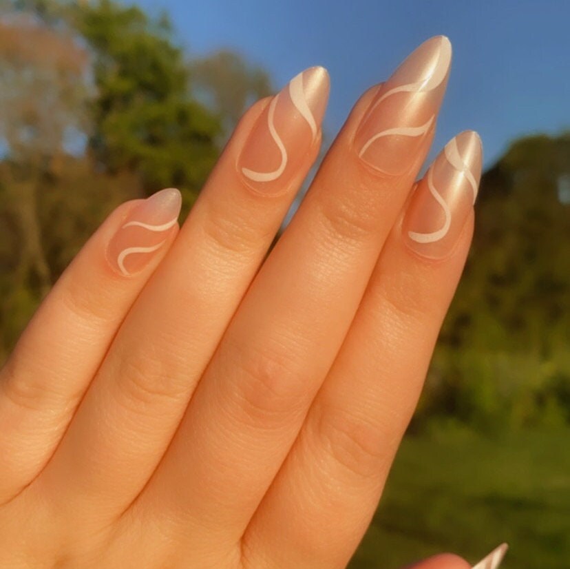 Short Round Almond Press on Nail | Pink Swirl Fake Nails | False Nails | Glue On Nails | Swirly Nails | Short Press on Nails