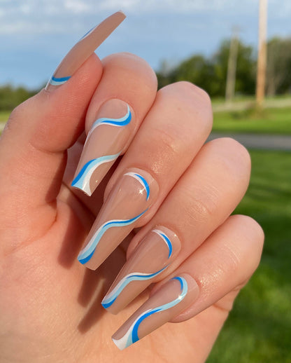 Long Coffin Nails | Blue Swirl Design Nails | Fake Nails | False Nails | Glue On Nails | Ready to Ship Nails | Long Press on Nails
