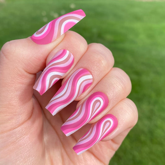 Pink Swirl Matte Press on Nails / Long Coffin / Fake Nails / False Nails / Glue On Nails / Pink Nails / Short Press on Nails | Ready to Ship