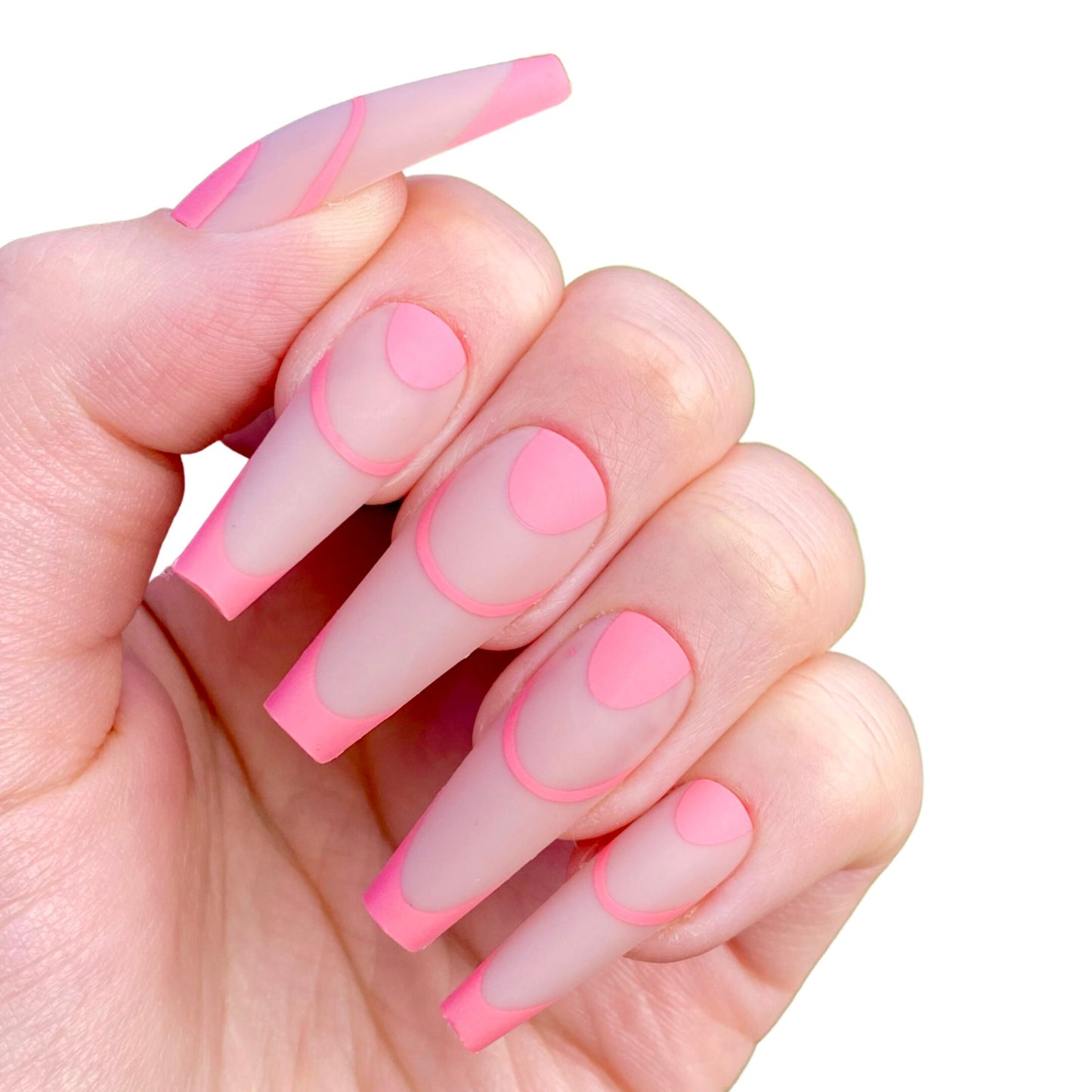 Pink French Tip Coffin Nails | Press on Nail | Fake Nails | False Nails |  Stick On Nails | Glue On Nails | Ready to Ship | Nail Designs