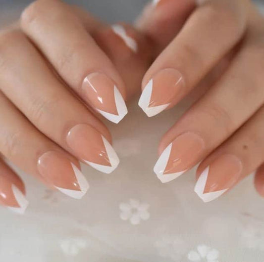 White French Tip Nails, Short Coffin