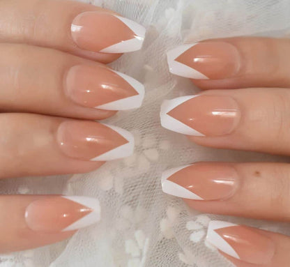 White French Tip Nails, Short Coffin