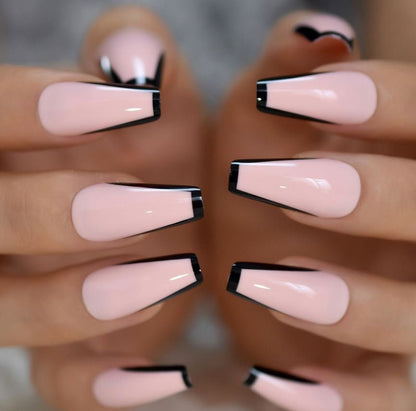 black French Tip Pink Press On Nails Long Coffin | Black Rim | Fake Nails | False Nails | Glue On Nails Long Press ons| Short Press on Nails