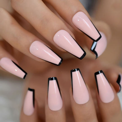 black French Tip Pink Press On Nails Long Coffin | Black Rim | Fake Nails | False Nails | Glue On Nails Long Press ons| Short Press on Nails