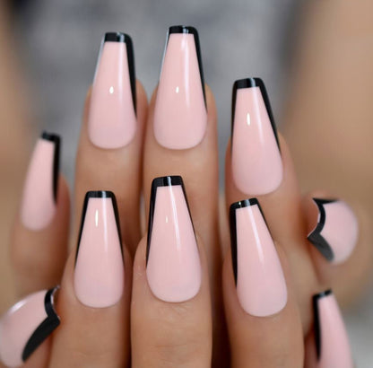 black French Tip Pink Press On Nails Long Coffin | Black Rim | Fake Nails | False Nails | Glue On Nails Long Press ons| Short Press on Nails