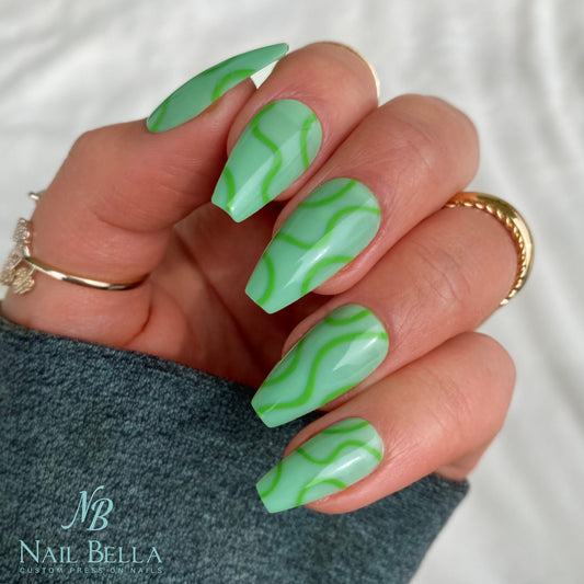 Green Swirl Mid Coffin Press On Nails / Nails with Designs / Fake Nails / Glue On Nails / Nail on Press Nail Short / Press on Nail Short