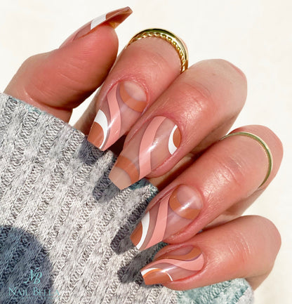 Brown Swirl Mid Coffin Press On Nails / 28 pcs Nails with Designs / Glue On Nails / Fake Nails/  Nail on Press Nail Short / Press on Nails