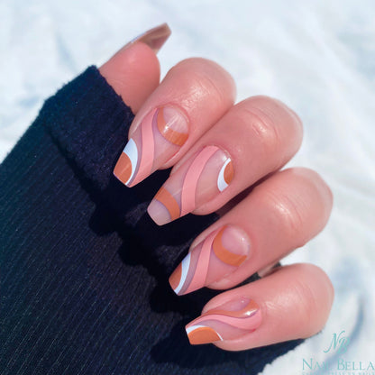 Brown Swirl Mid Coffin Press On Nails / 28 pcs Nails with Designs / Glue On Nails / Fake Nails/  Nail on Press Nail Short / Press on Nails