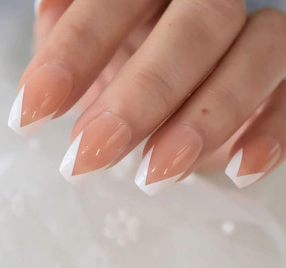 White French Tip Nails, Short Coffin