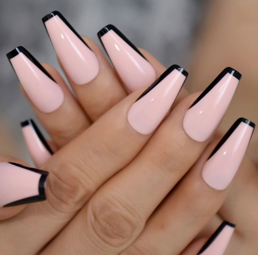 black French Tip Pink Press On Nails Long Coffin | Black Rim | Fake Nails | False Nails | Glue On Nails Long Press ons| Short Press on Nails