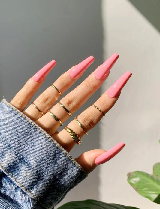 Long Pink Press on Nail | Pink Long Coffin Fake Nails | False Nails | Glue On Nails | Ombre Nails | Short Press on Nails