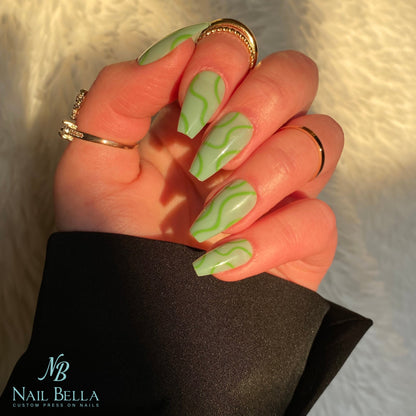 Green Swirl Mid Coffin Press On Nails / Nails with Designs / Fake Nails / Glue On Nails / Nail on Press Nail Short / Press on Nail Short